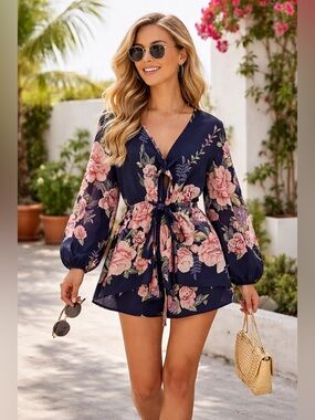 Navy Floral Tie-Front Romper with Puff Sleeves